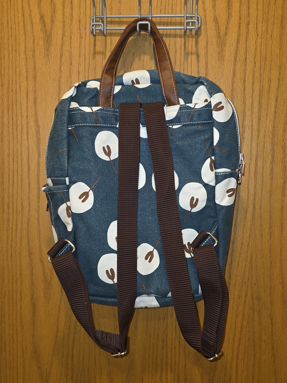 Maika Teal Canvas Backpack with Cream Floral Print and Brown Leather Handles - Picture 2 of 6